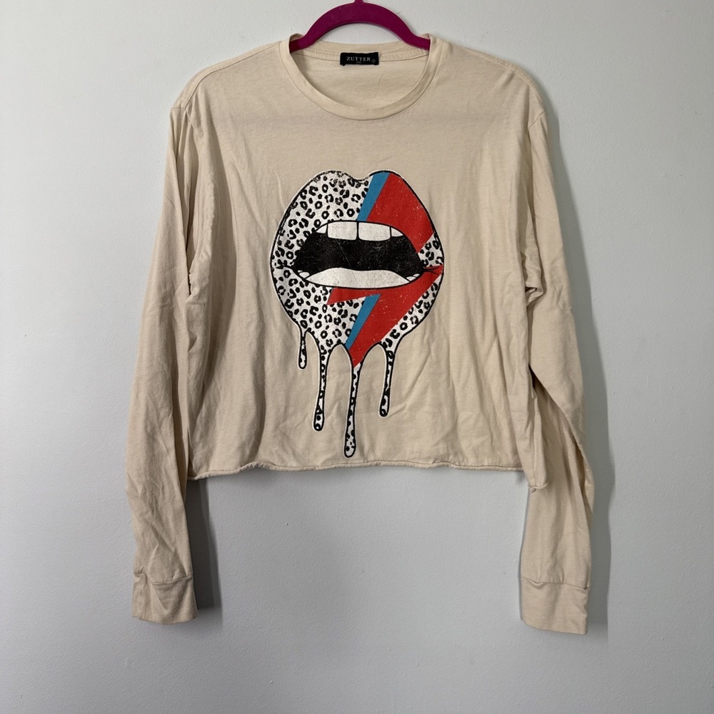 Zutter Drippy Lips Graphic‎ Crop Top Long Sleeve Womens S Cream Y2K Streetwear